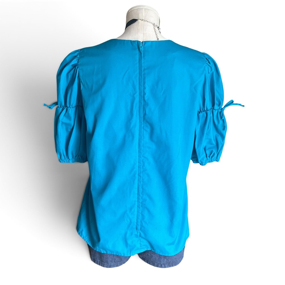 Vintage 70s Peasant Blouse Blue Poet Sleeve Boho Top Medium - Picture 6 of 9